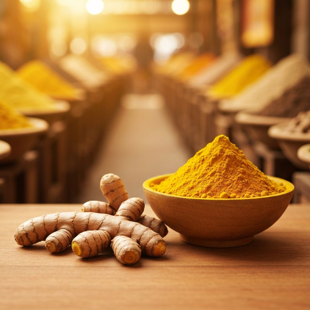 Fresh Balinese turmeric root and golden turmeric powder in coconut bowl