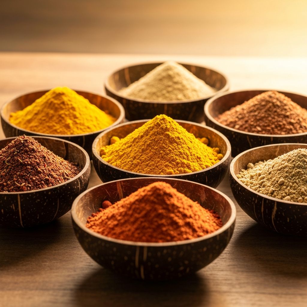 Balinese spice powders in coconut bowls